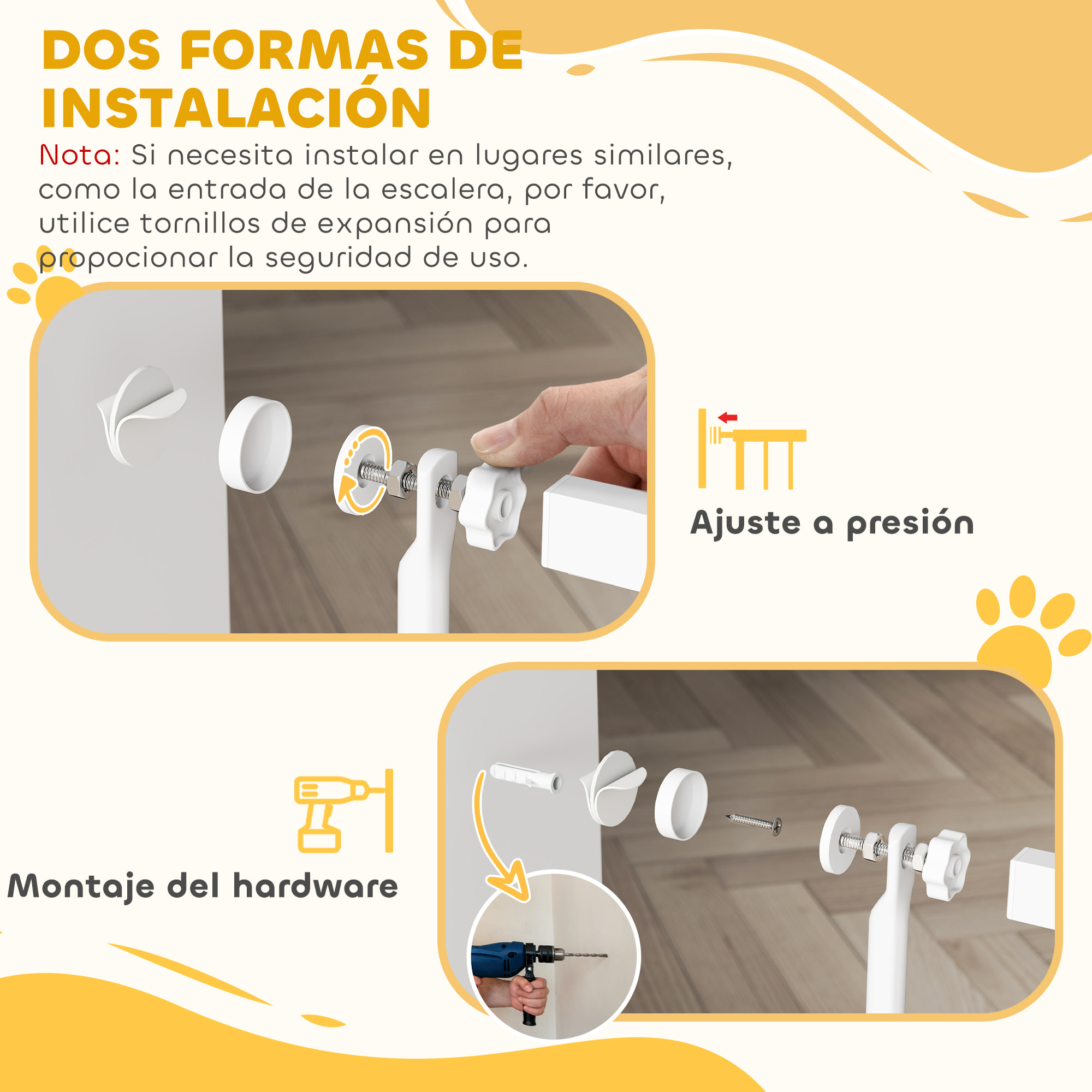 Barrera para Perros Extra Alta Puerta para Perros con Ancho Ajustable 77-104 cm Barrera de Seguridad para Perros y Gatos con 2 Extensiones y Puerta de Paso para Escaleras y Pasillos Blanco