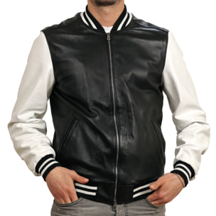Bomber bicolore in pelle di vitello Nero-Bianco Slim Fit