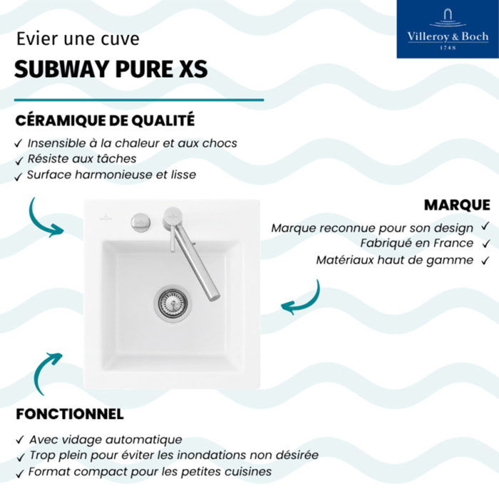 Evier 1 bac sans egouttoir Subway Pure XS 47,5 x 51 cm Blanc vidage automatique inclus