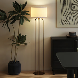 Lampadaire design métal doré 4 pieds base abat-jour circulaire lin beige dia. 38 x H.161 cm
