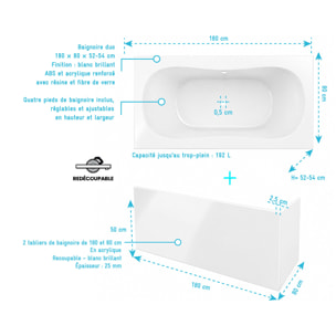 Pack Baignoire 180x80cm et 2 Tabliers recoupables - Blanc Brillant - Marina Round Duo