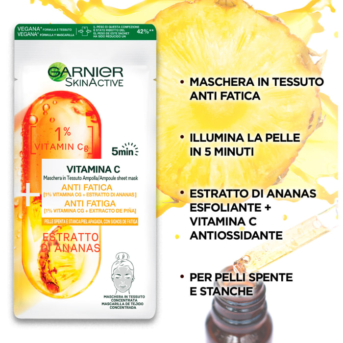 4x Maschera Viso Anti Fatica in Tessuto Ampolla SkinActive Vitamina C ed Estratto di Ananas