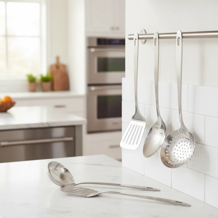 Ensemble de 4 ustensiles de cuisine en inox louche spatule ajourée cuillère et écumoire Fackelmann Oxford