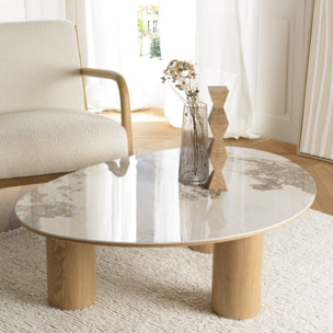 UGO - Table basse 110x80cm plateau céramique pieds bois clair UGO (2 COLIS)