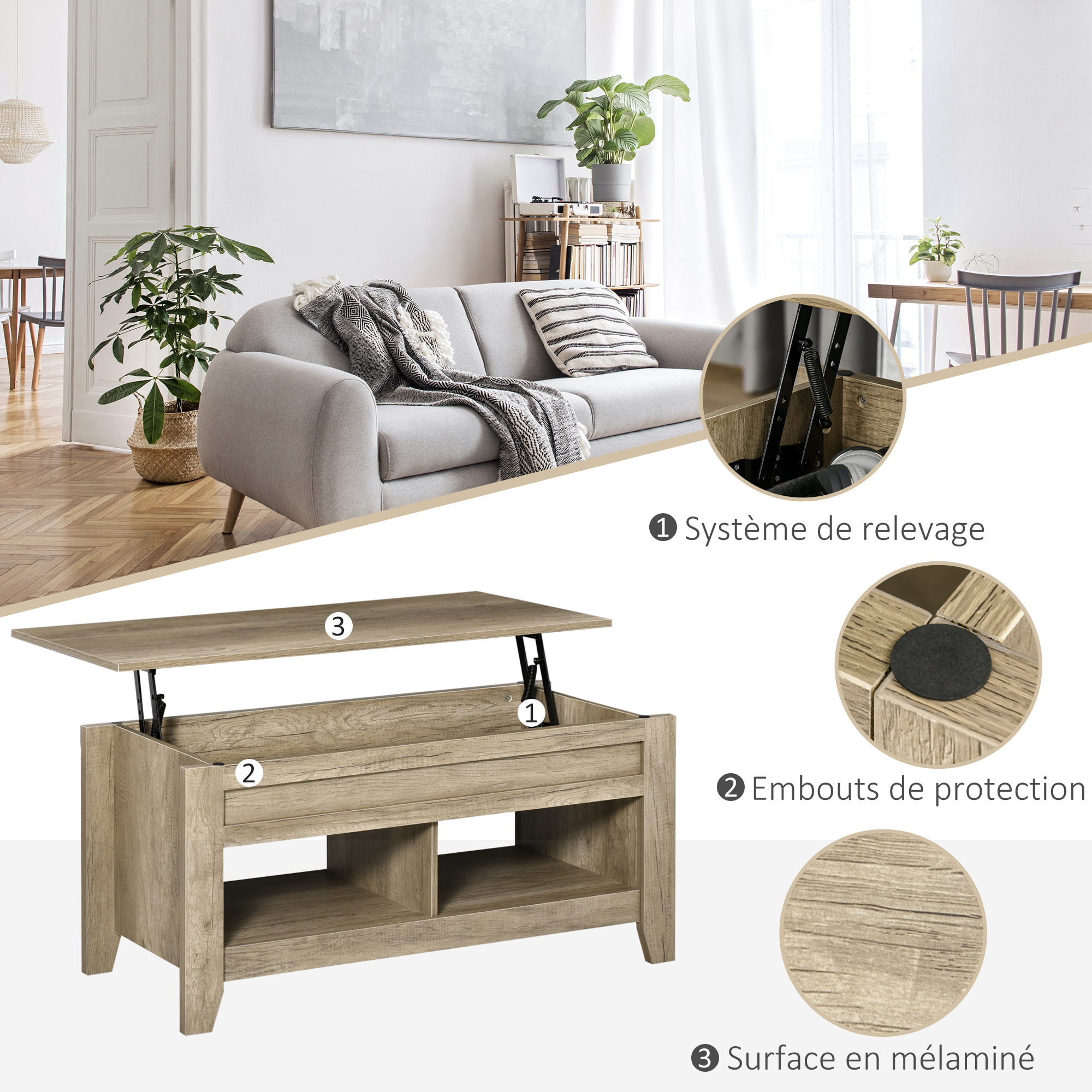 Table basse rectangulaire plateau relevable 2 niches et coffre panneaux particules aspect chêne clair