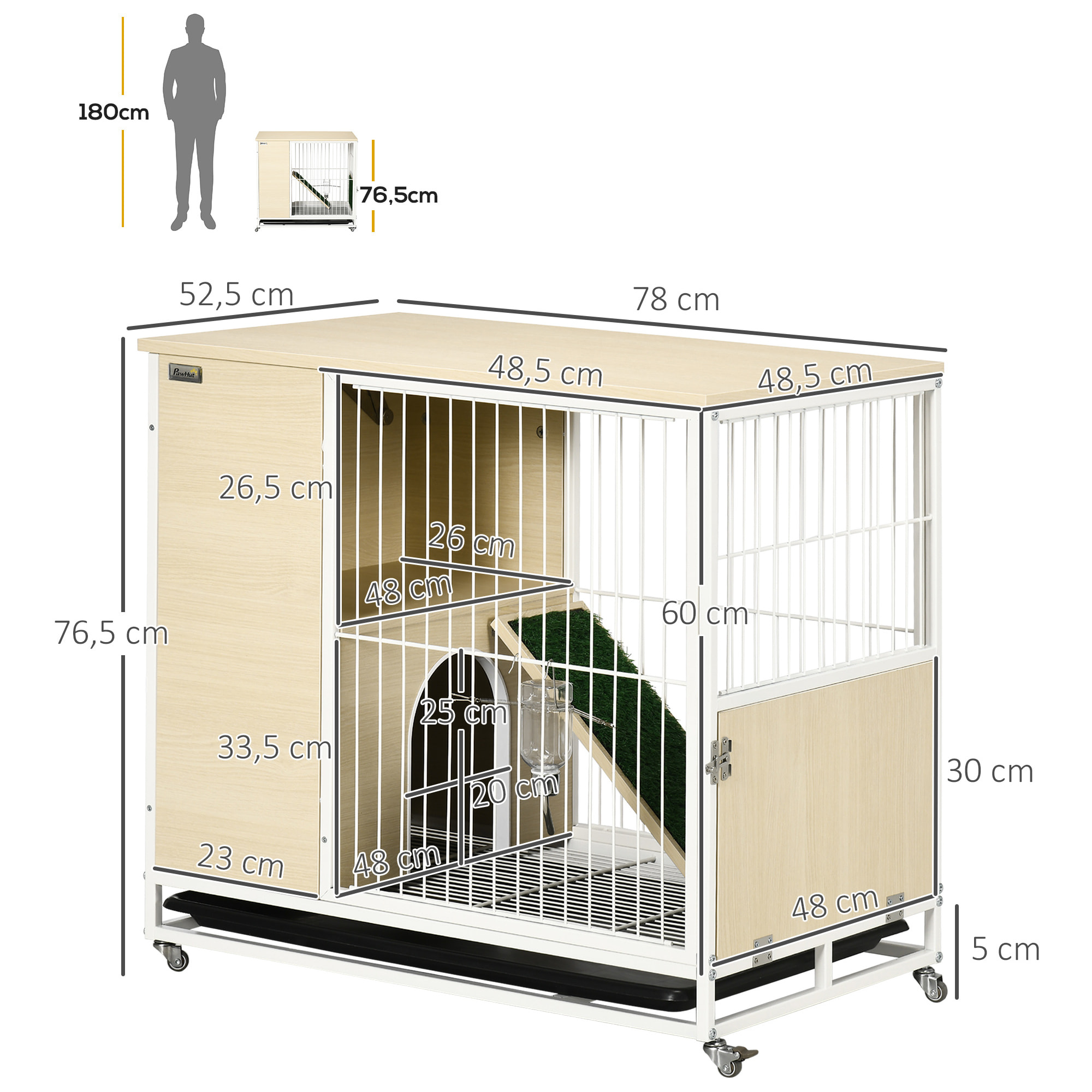 Clapier à lapin sur roulettes cage à lapin 2 niveaux toit ouvrant porte plateau déjection coulissant rampe niche acier blanc aspect bois clair