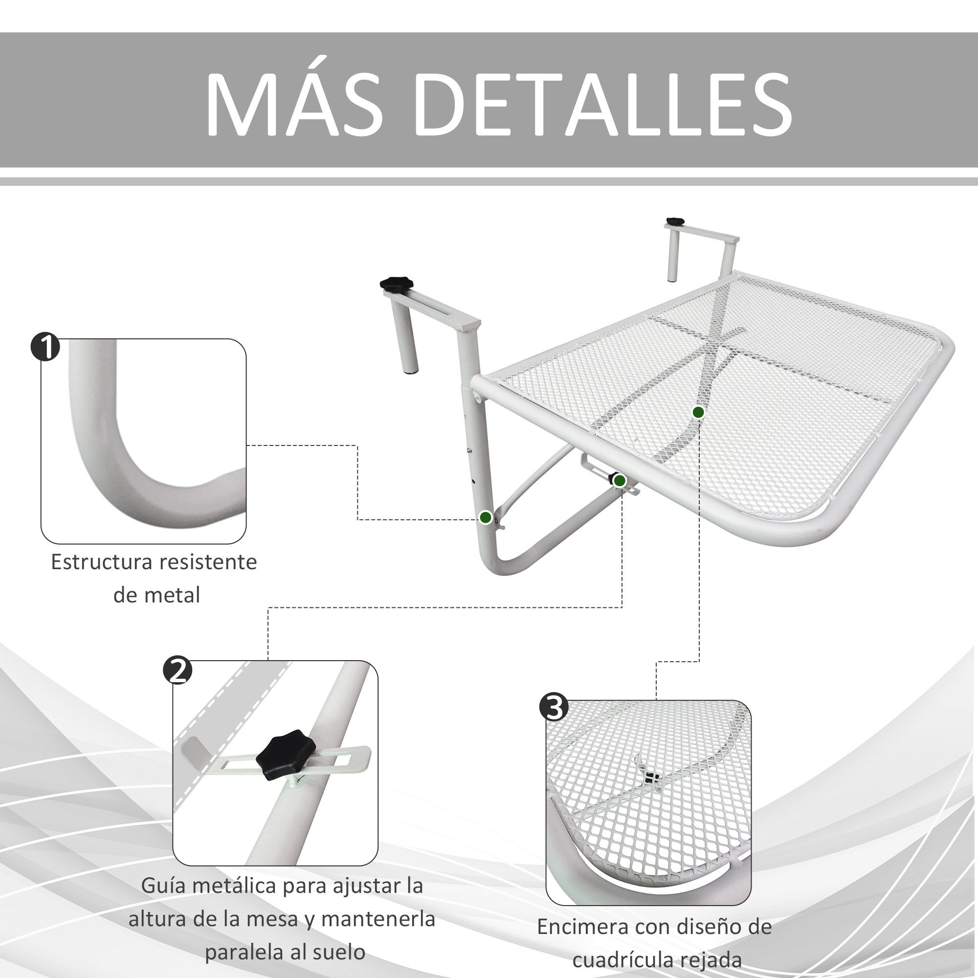 Mesa Colgante de Balcón con Brazo Regulable y Altura Ajustable en 3 Posiciones Marco Metálico Carga Máx. 30 kg 60x56x50 cm Blanco