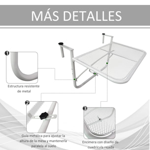 Mesa Colgante de Balcón con Brazo Regulable y Altura Ajustable en 3 Posiciones Marco Metálico Carga Máx. 30 kg 60x56x50 cm Blanco