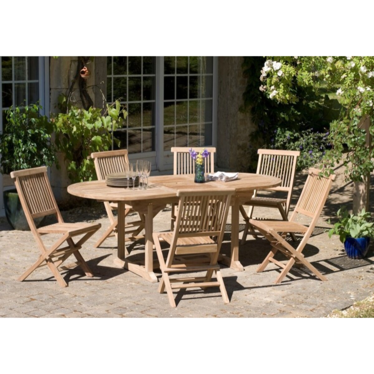 FUN - SALON DE JARDIN EN BOIS TECK 6/8 pers : Ensemble de jardin : 1 table ovale extensible 150*200/90cm et 6 chaises