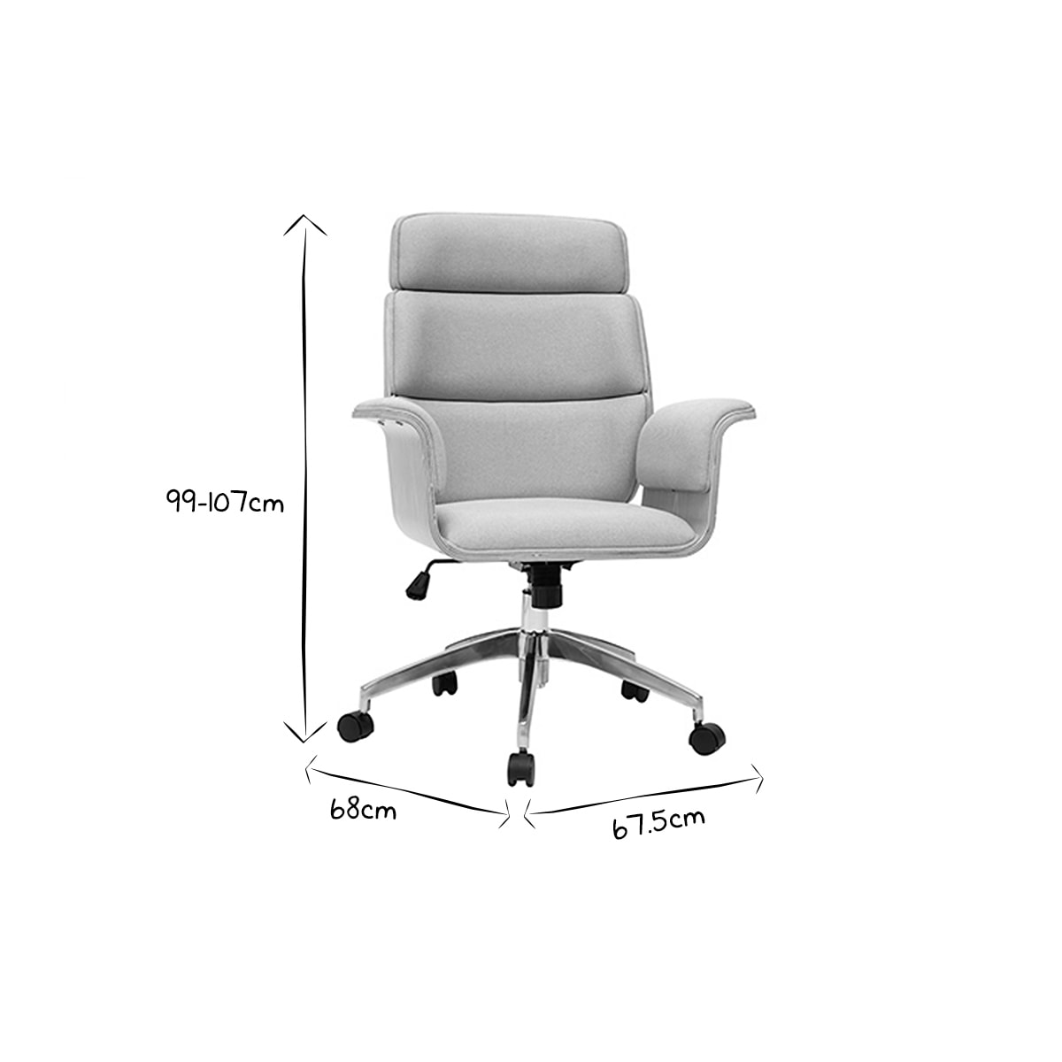 Fauteuil de bureau à roulettes design en tissu gris clair, bois clair et acier chromé ELON