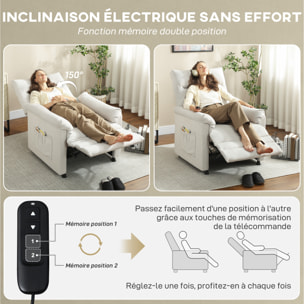 Fauteuil massant chauffant inclinable poches rangement port USB intégré velours grège