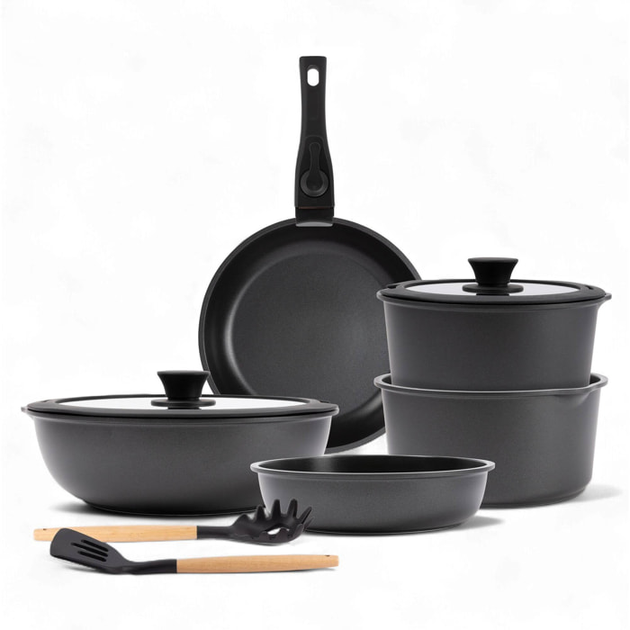 Batería de cocina 10 Pzs Negro / Mango extraíble, 3 Sartenes, 2 Cazos, Tapas y Utensilios/Aluminio fundido