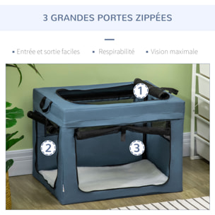 Sac de transport pliable pour chien chat - 2 poignées, 3 portes - dim. 69L x 51l x 51H cm - acier polyester bleu