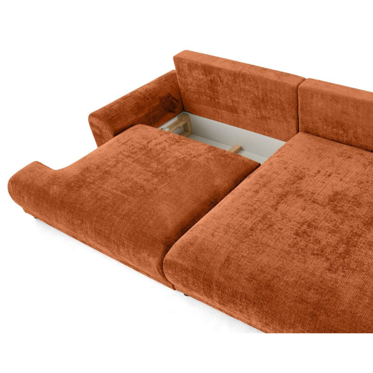 Nelly - canapé d'angle droit 4 places convertible avec coffre en velours texturé - Rouille