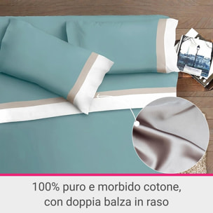 Completo letto doppia balza RASO IPERSAN Puro Cotone Bianco/Panna fondo Petrolio