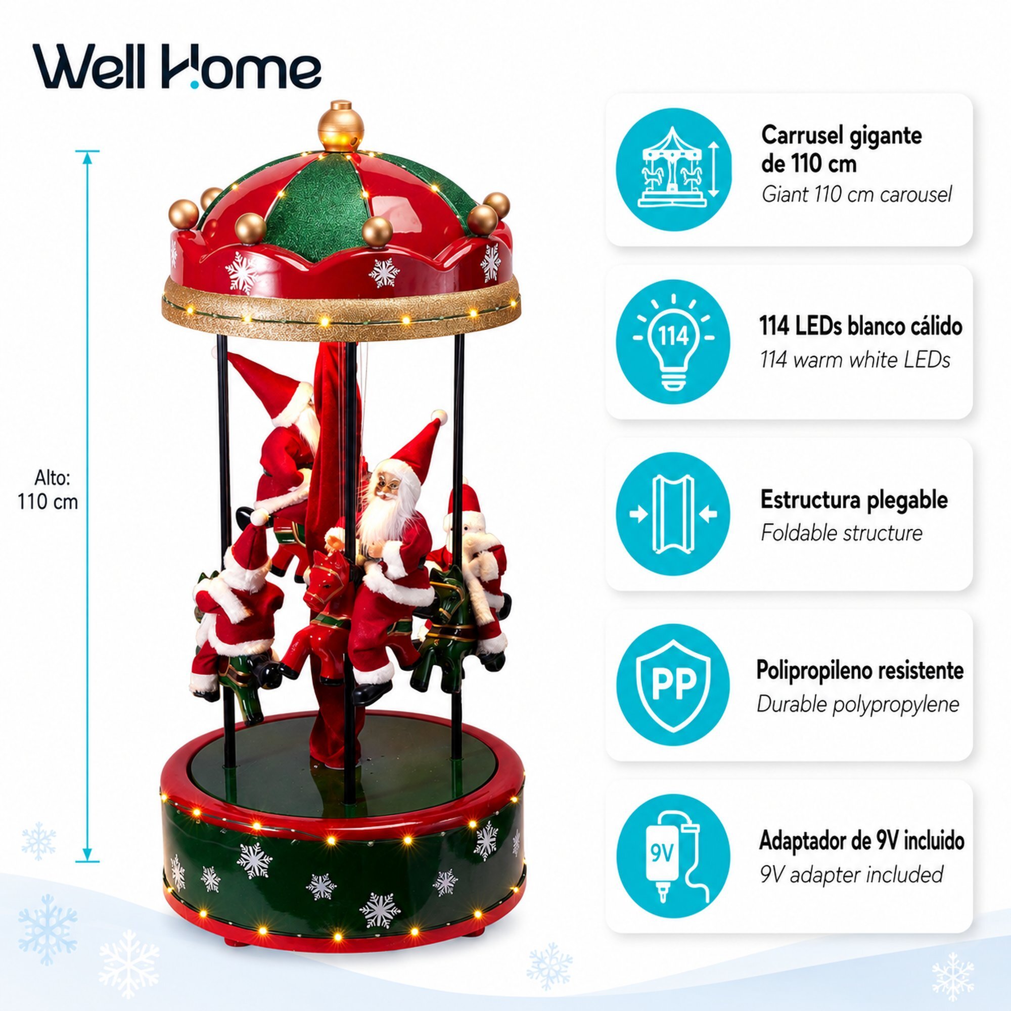 Carrusel navideño gigante con papá noel y muñecos de nieve, con 114 leds blanco cálido, plegable h.110 cm