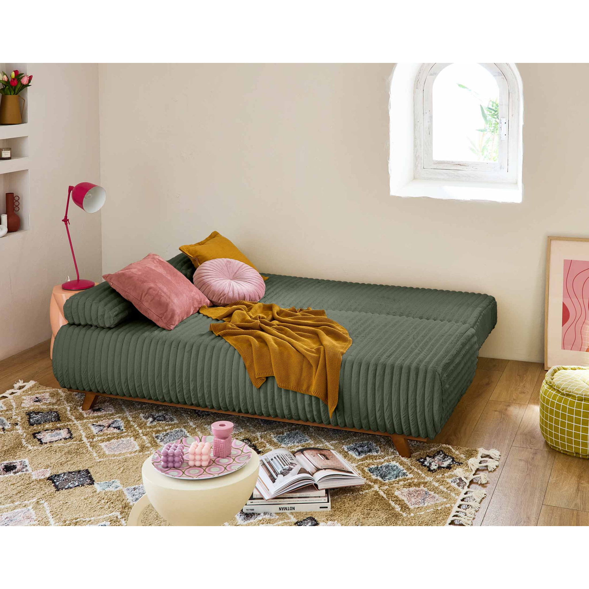 Cristal - canapé 3 places - convertible avec coffre - en fausse fourrure côtelée - Vert