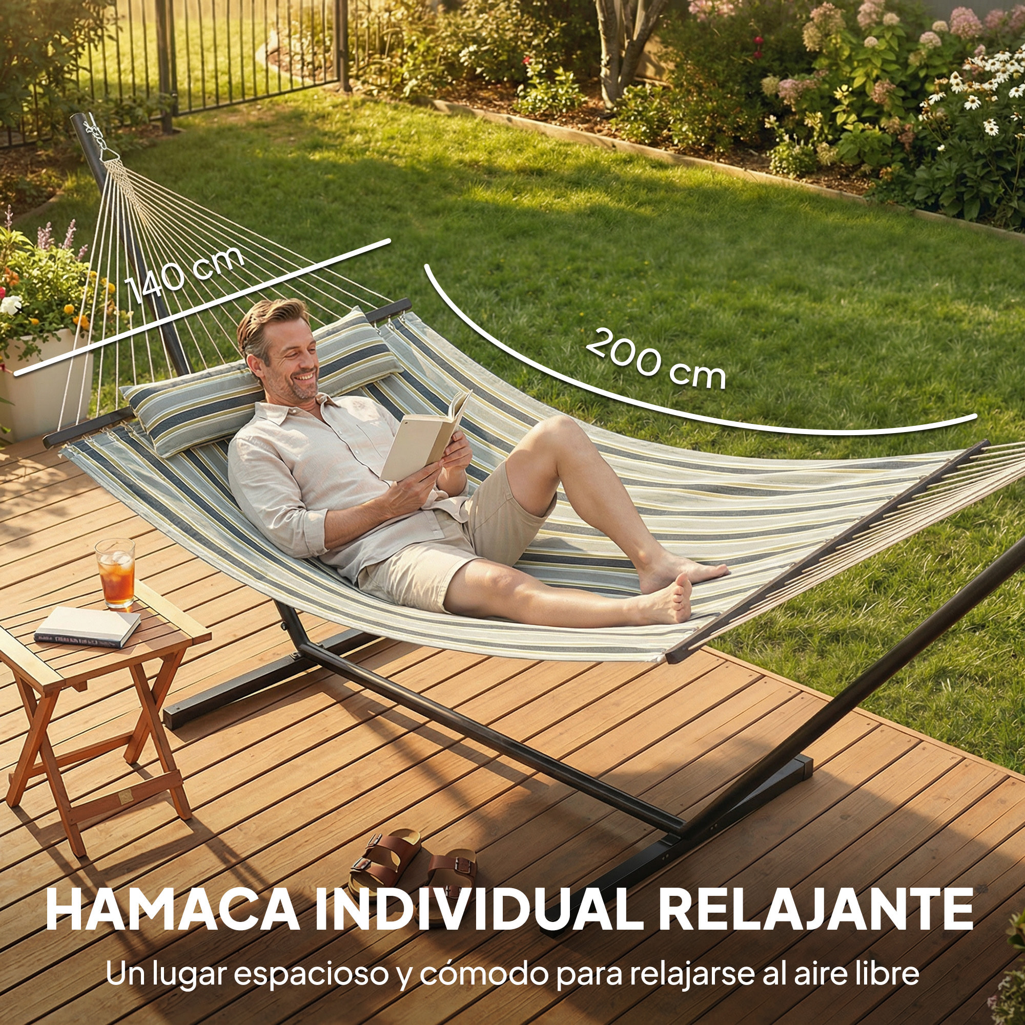 Hamaca con Soporte, Hamaca de Jardín Portátil con Almohada Desmontable, Barras Separadoras, Marco de Acero, Carga 120 kg, para Patio, Terraza, Diseño Rayas, 353x94x115 cm, Verde