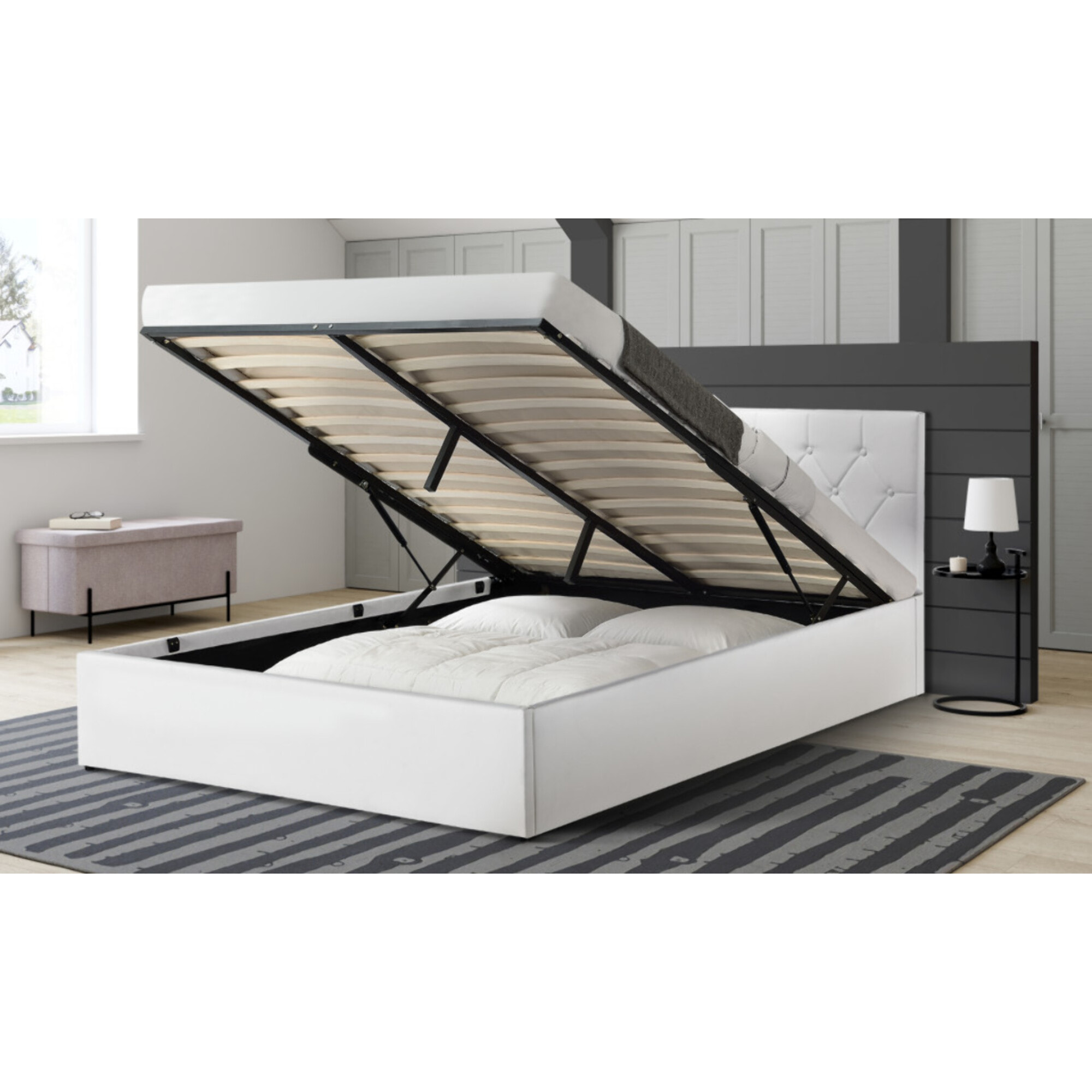 Lit coffre Hannah PVC avec sommier - Blanc