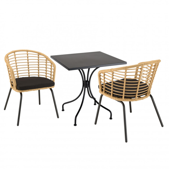 MALO - SALON DE JARDIN 2 PERS. - 1 Table carrée 70x70cm et 2 fauteuils beiges et noirs en rotin synthétique