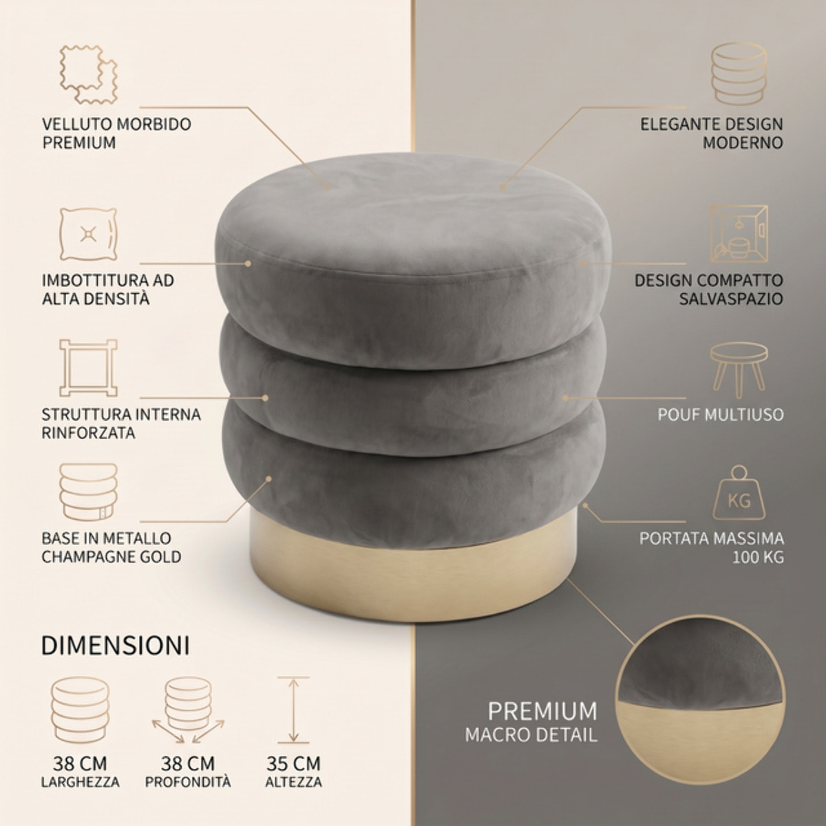 Pouf rotondo in velluto con base oro Ø38x38 cm, sgabello imbottito design moderno elegante, seduta decorativa per salotto camera da letto ingresso cabina armadio, pouf velvet con struttura resistente fino a 100 kg