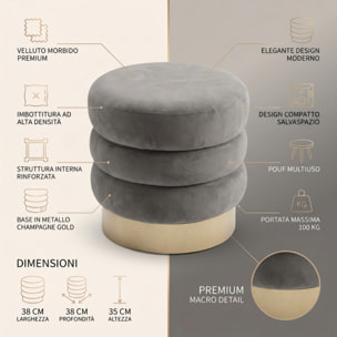 Pouf rotondo in velluto con base oro Ø38x38 cm, sgabello imbottito design moderno elegante, seduta decorativa per salotto camera da letto ingresso cabina armadio, pouf velvet con struttura resistente fino a 100 kg