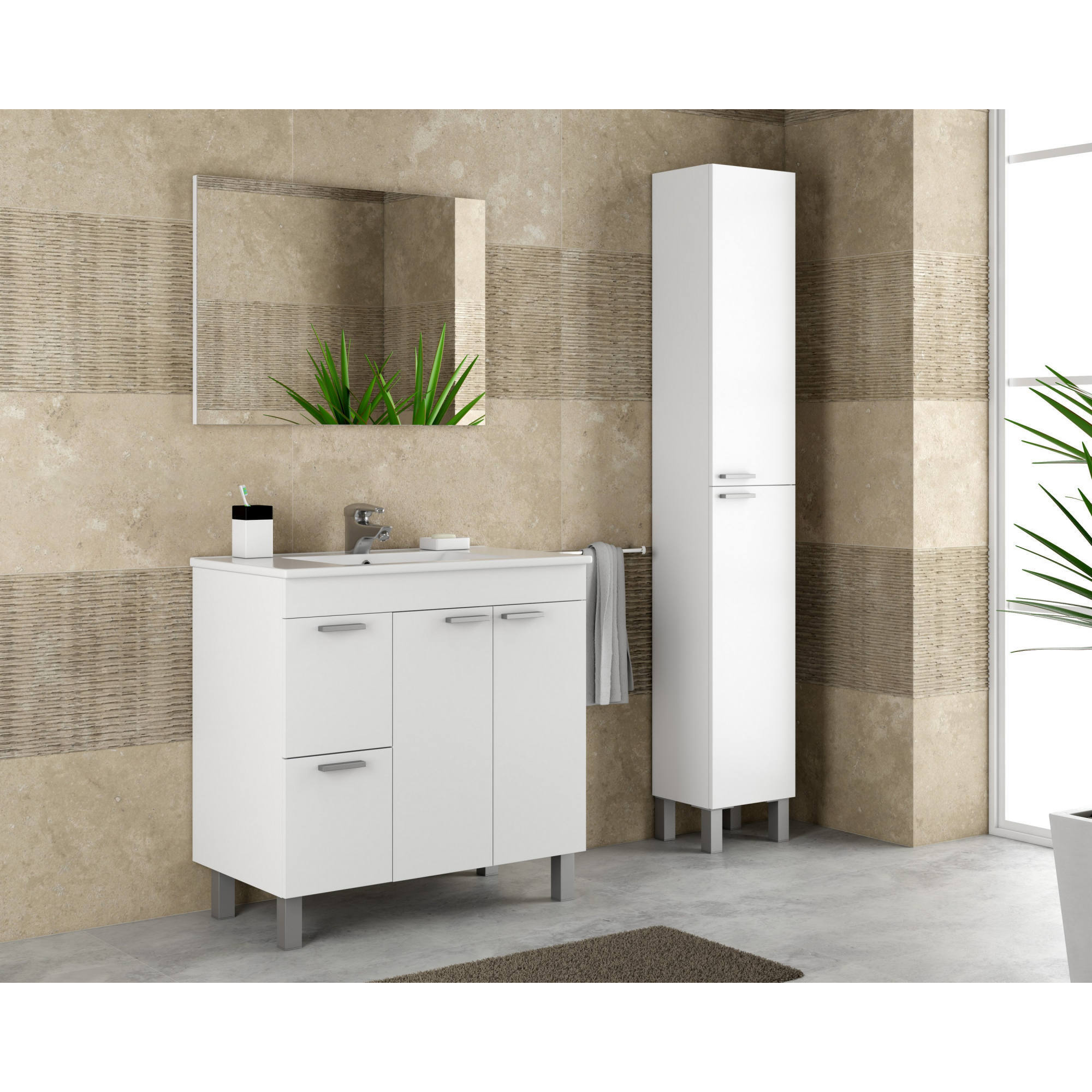 Mobile sottolavabo Aracth, Mobiletto per bagno, Armadio a 2 ante e due cassetti con specchio, lavabo non incluso, 80x45h80 cm, Bianco lucido