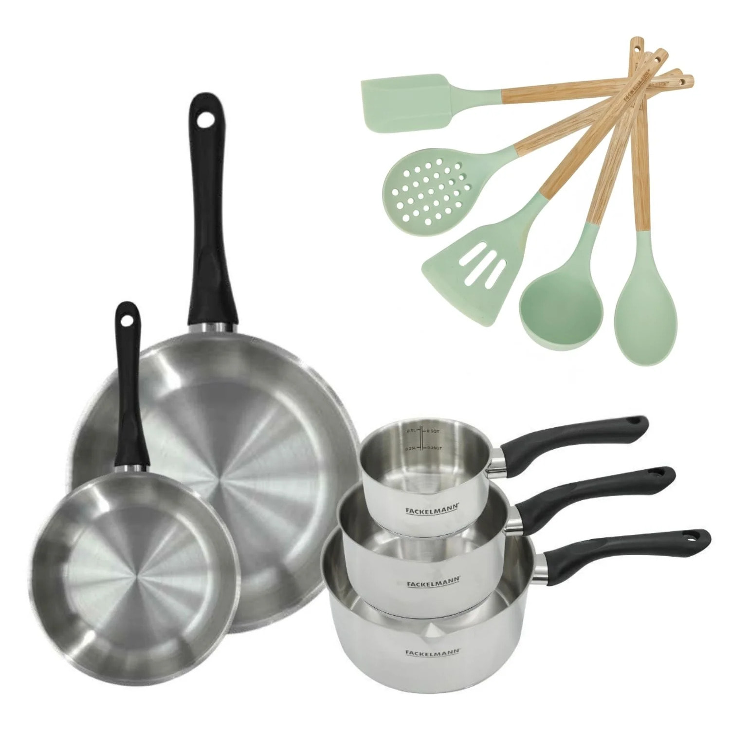 Lot 2 Poêles et Casseroles 12/16/20cm Fackelmann Généva avec 5 ustensiles Océan