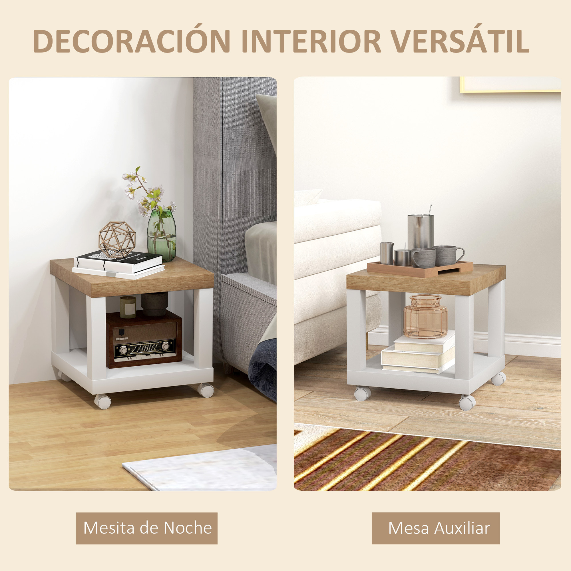 Mesita Auxiliar con Ruedas Mesa Auxiliar con Estante Abierto Mesa para Sofá Sala Dormitorio 40x40x40 cm Natural y Blanco