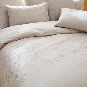 Taie d'oreiller pur coton lavé tissé teint brodé beige Monnaie du pape naturel