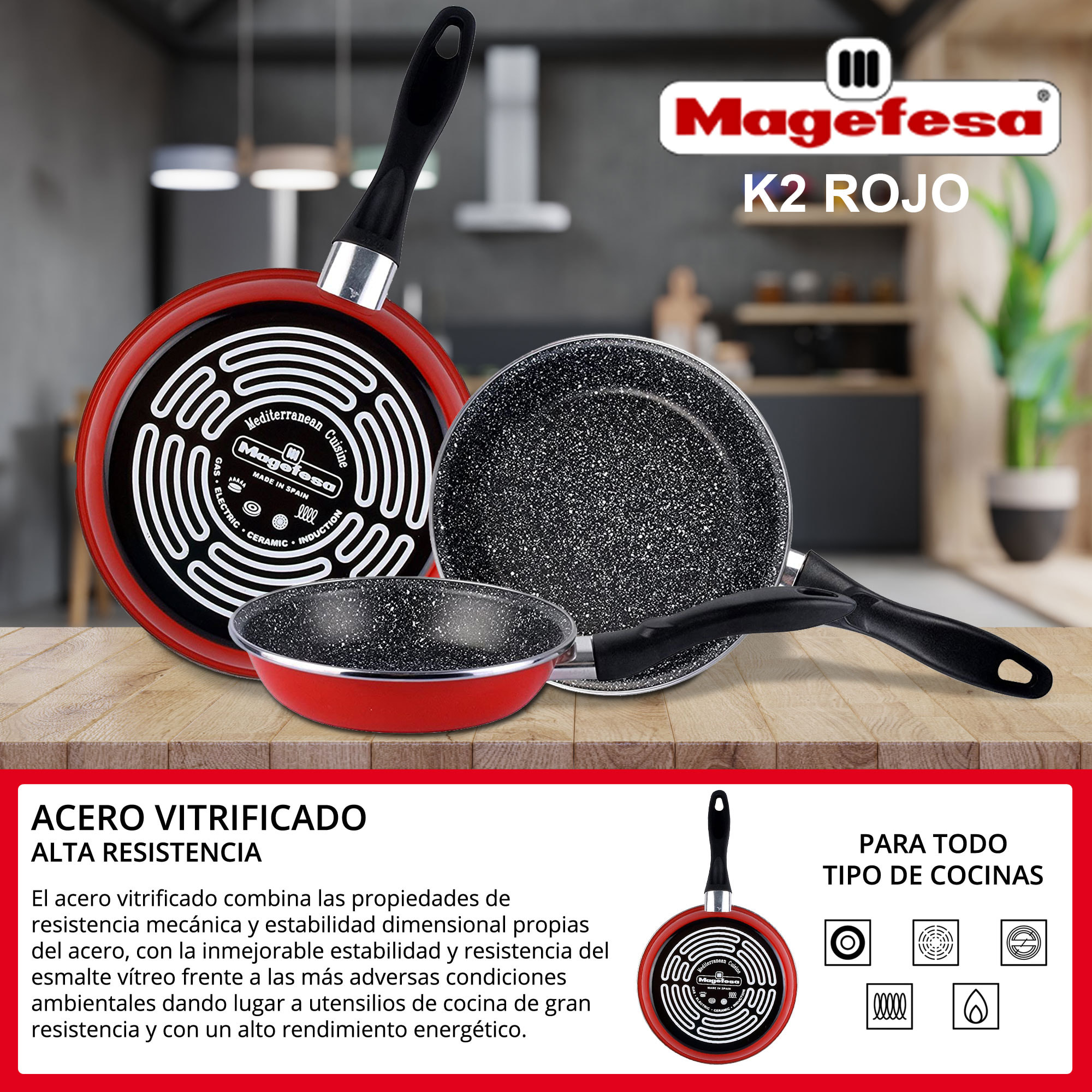 Magefesa K2 ROJO sartén 28, acero esmaltado vitrificado, en rojo, inducción y lavavajillas