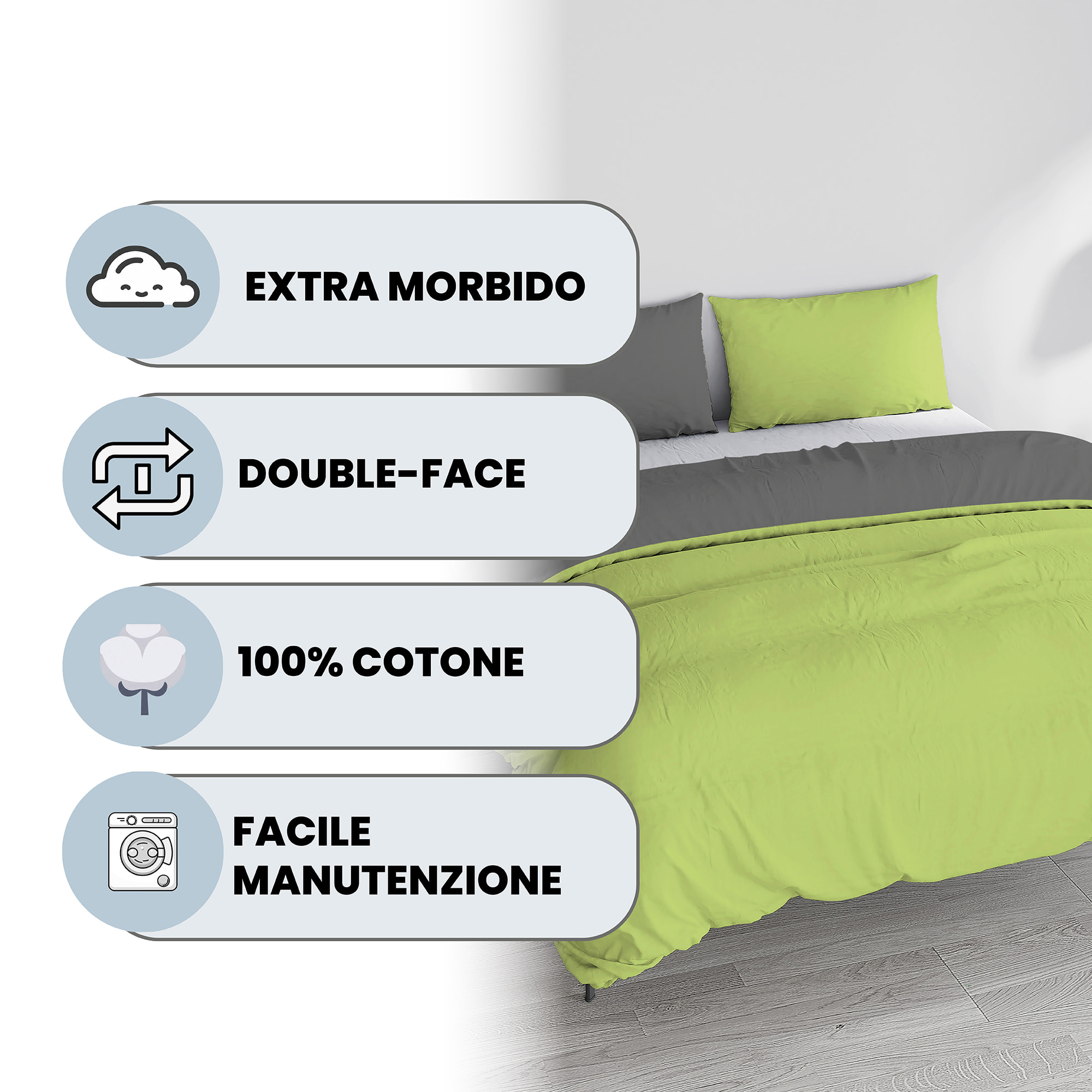 PARURE COPRIPIUMINO NATURAL COLOR, 100% Cotone, Made in Italy - VERDE ACIDO/FUMO