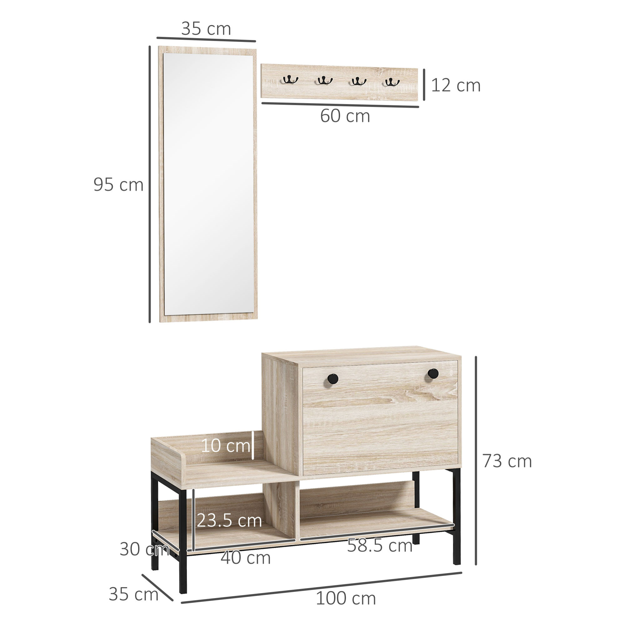 Ensemble de meubles d'entrée - organisateur d'entrée - meuble à chaussures, 4 patères doubles, 3 étagères - noir aspect chêne clair