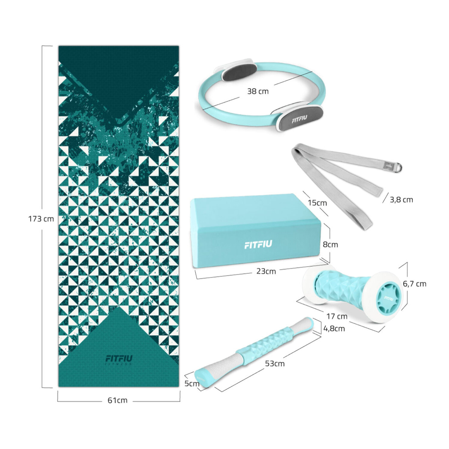 Pack accesorios yoga azul FITFIU esterilla, aro, bloque, barra, correa