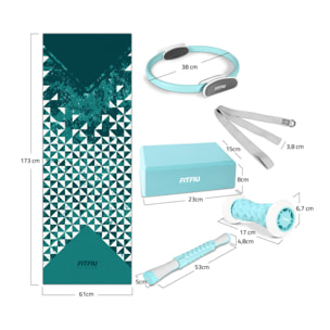 Pack accesorios yoga azul FITFIU esterilla, aro, bloque, barra, correa