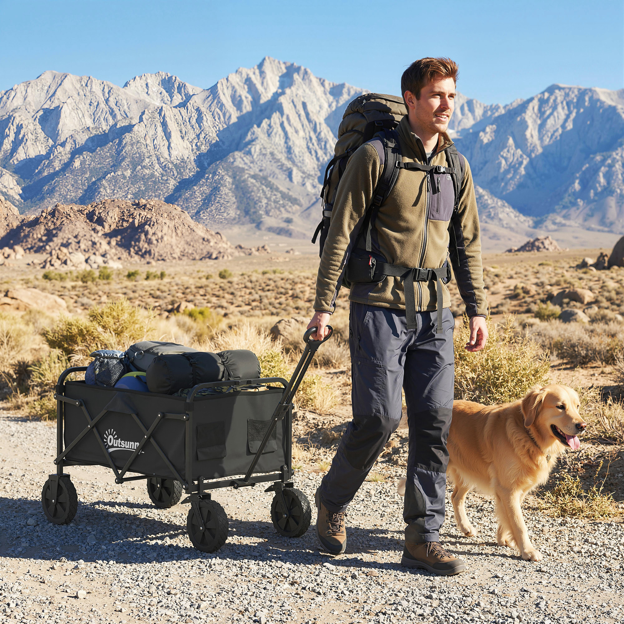 Carro Playa con Ruedas Grandes Bloqueables, Carro de Jardín Plegable con Mango Ajustable, Portavasos y Marco de Metal, Carga 80 kg, Carrito Transporte para Jardín, Campaña, Compras, Negro