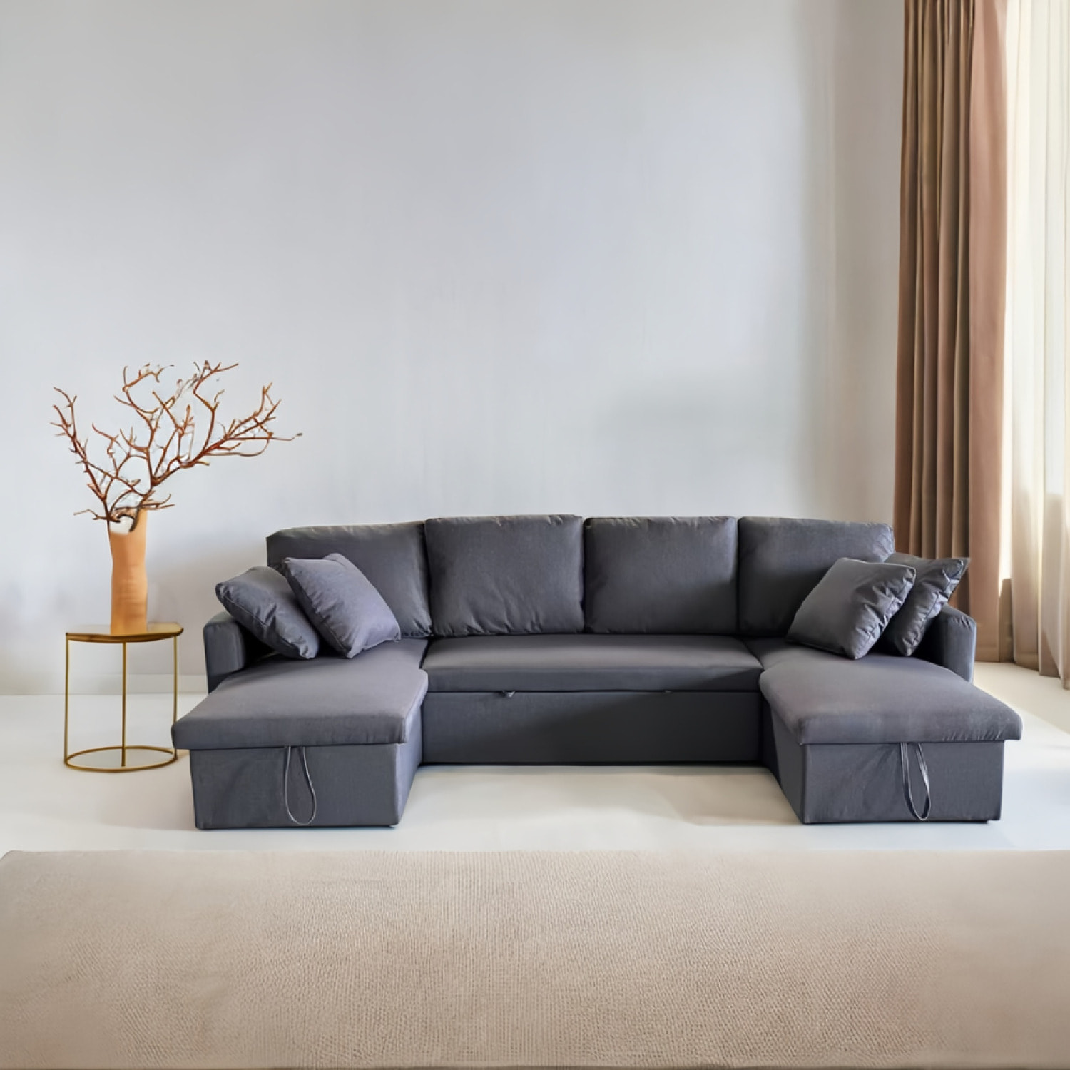 ELLA - Canapé panoramique convertible avec coffre 4 places en tissu - gris foncé