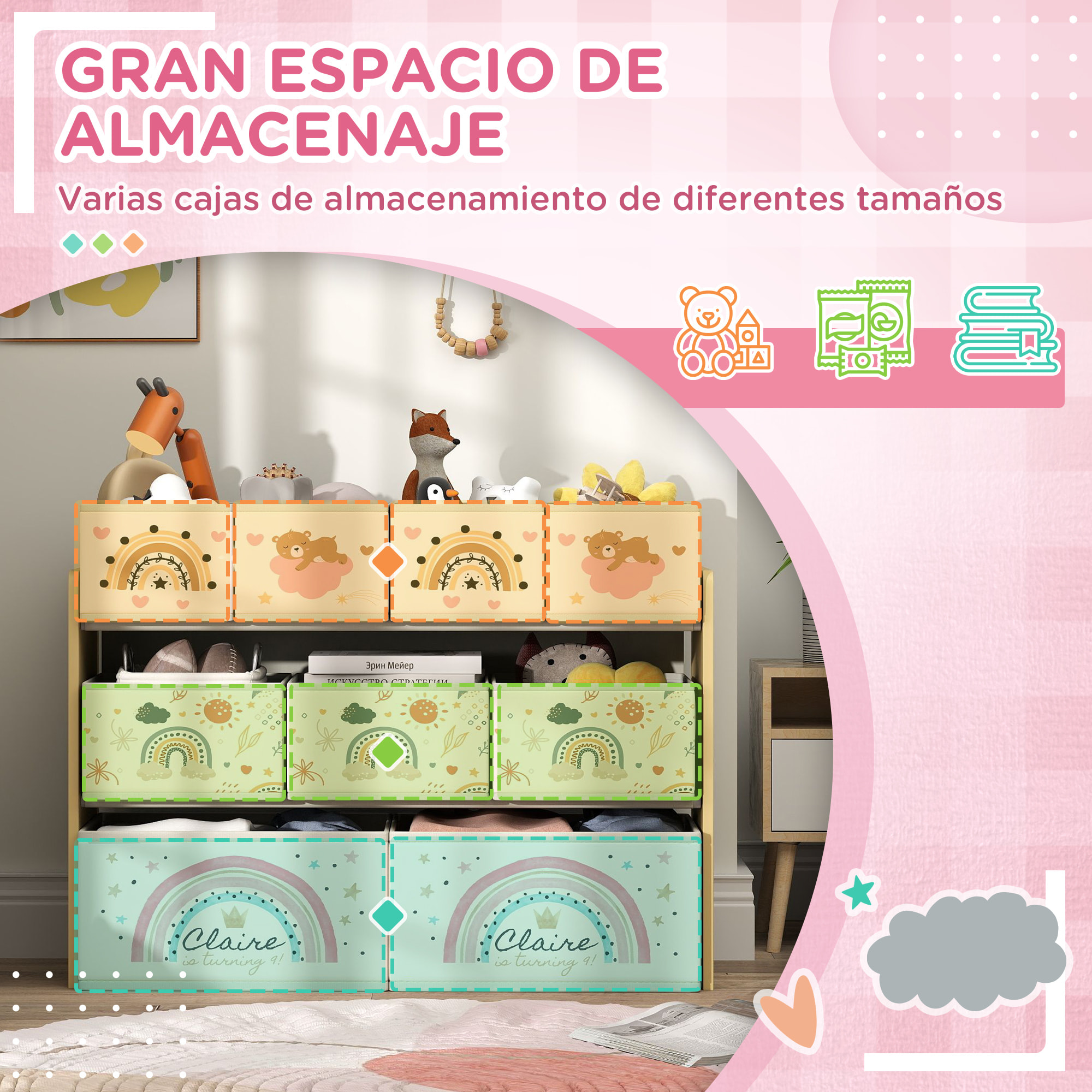 Estantería para Juguetes para Niños Organizador de Juguetes con 9 Cestas de Tela no Tejida para Guardería Sala de Juegos 93x30x70 cm Amarillo