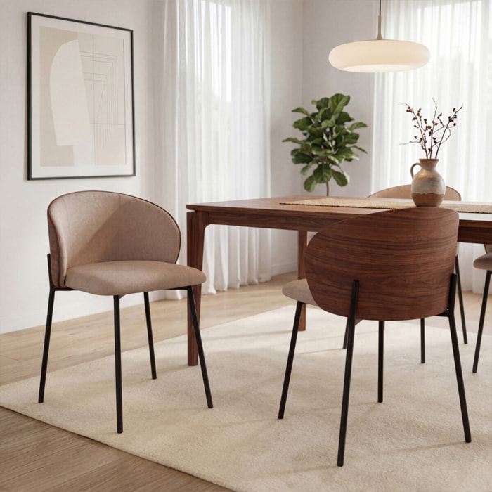 Chaises Poppy tissu taupe dossier effet noyer - lot de 4
