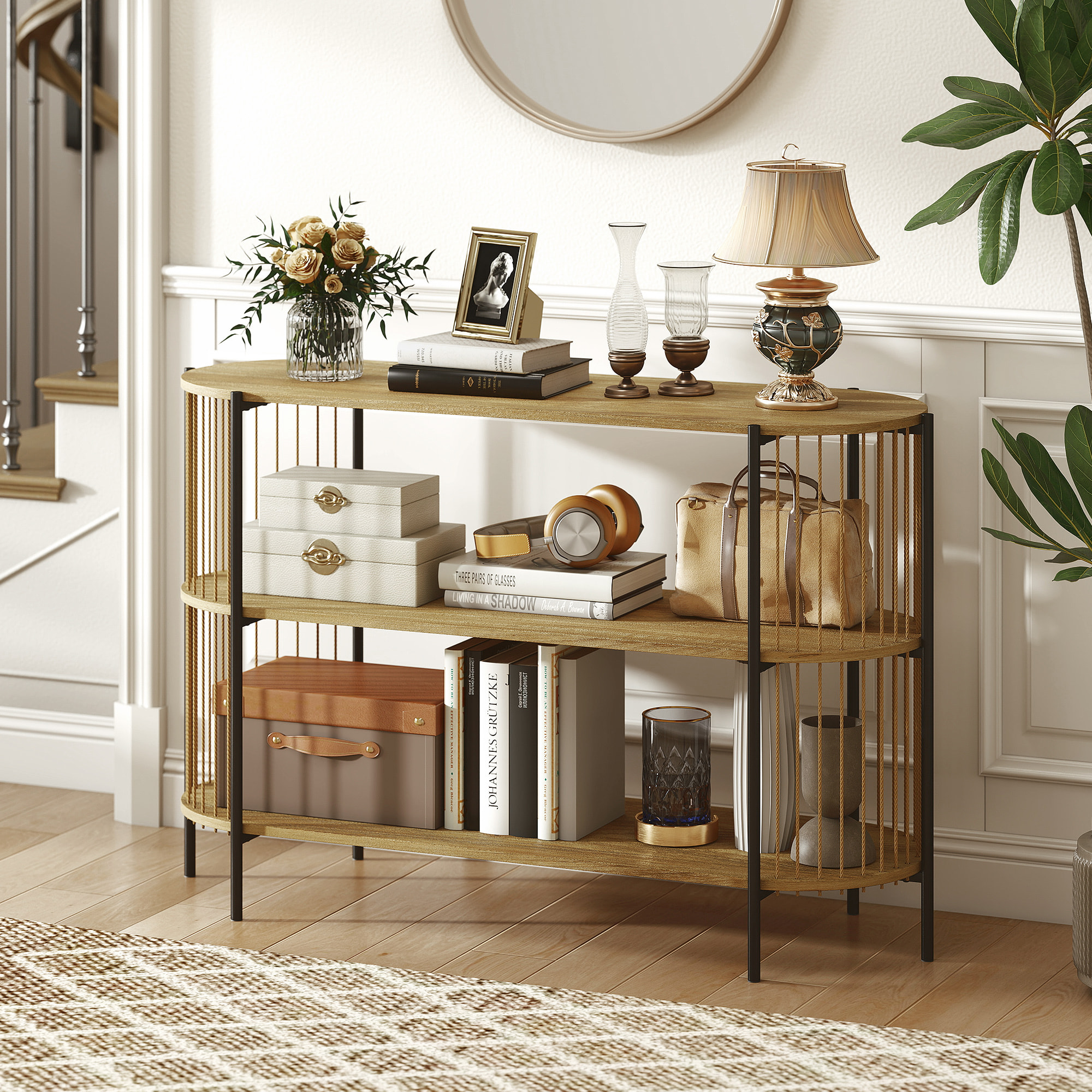 Mesa de Consola con Cuerda de Papel Trenzada a Mano Consola Recibidor de 3 Niveles con Marco de Acero Estilo Bohemio para Entrada Sala de Estar 124x43,5x80 cm Natural