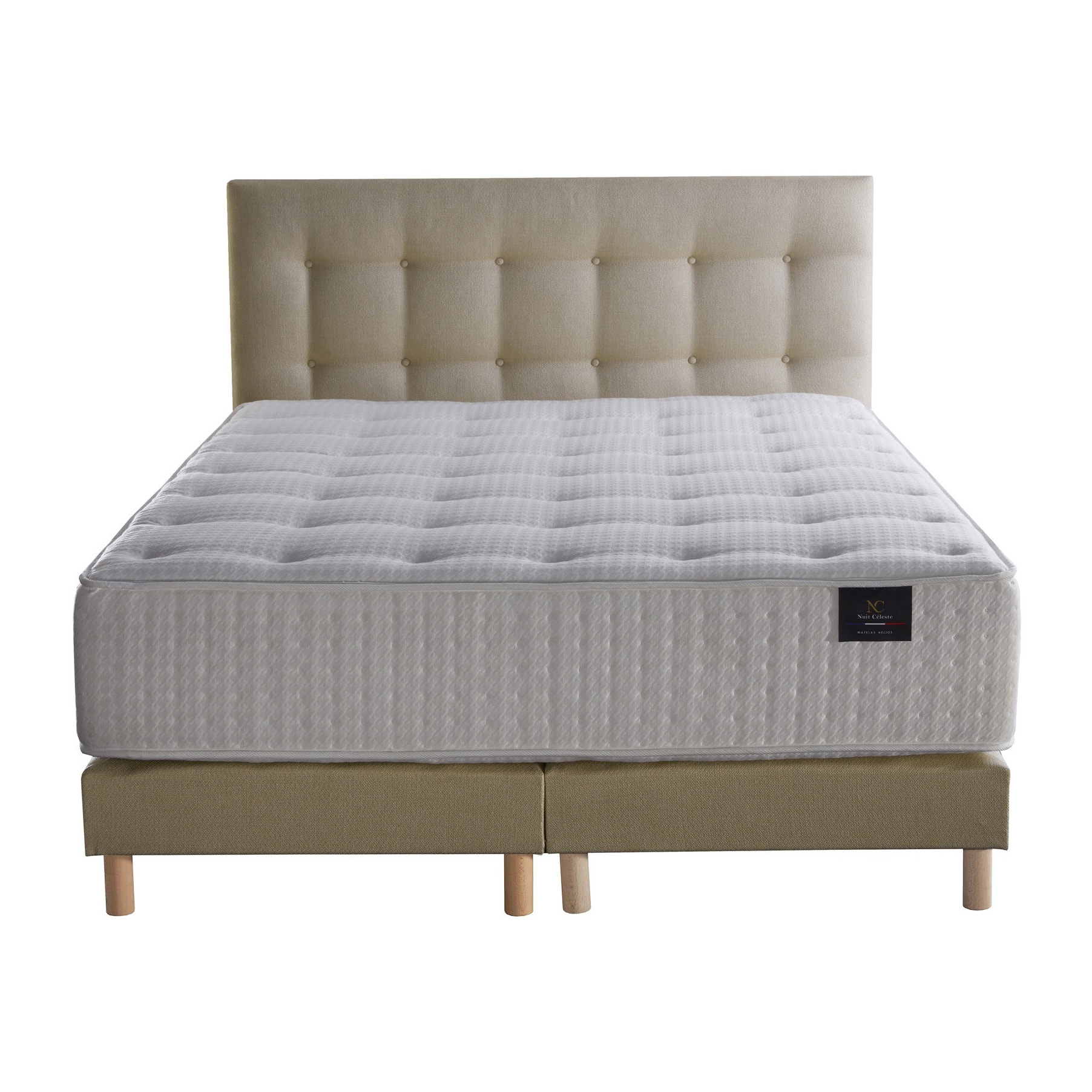 Ensemble Hélios + tête de lit capitonnée - Matelas ressorts ensachés Mémoire de forme Latex - Sommier Jaune