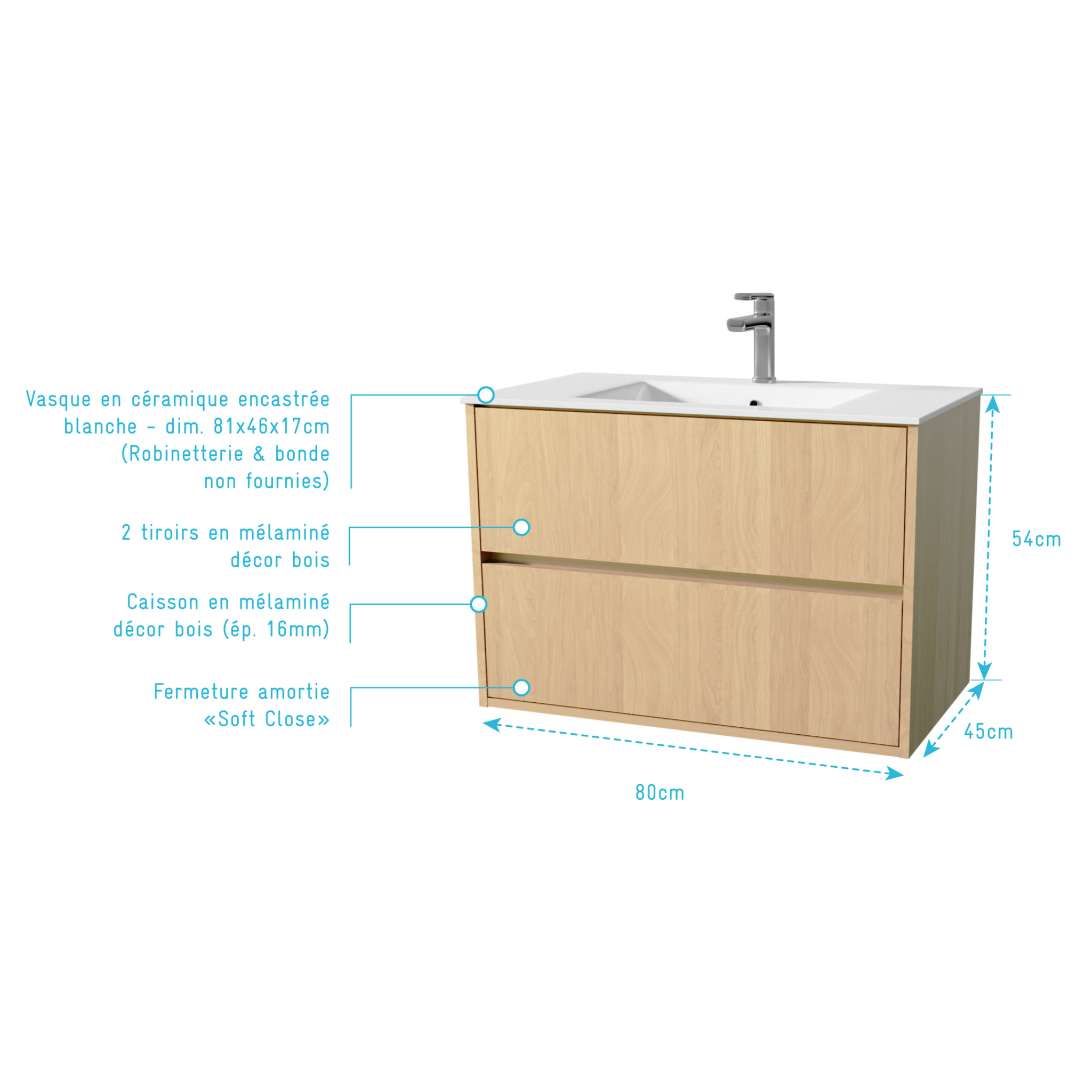 Pack Meuble Salle de Bains 80 cm Chêne Clair, 2 tiroirs avec Vasque Céramique - XENOS