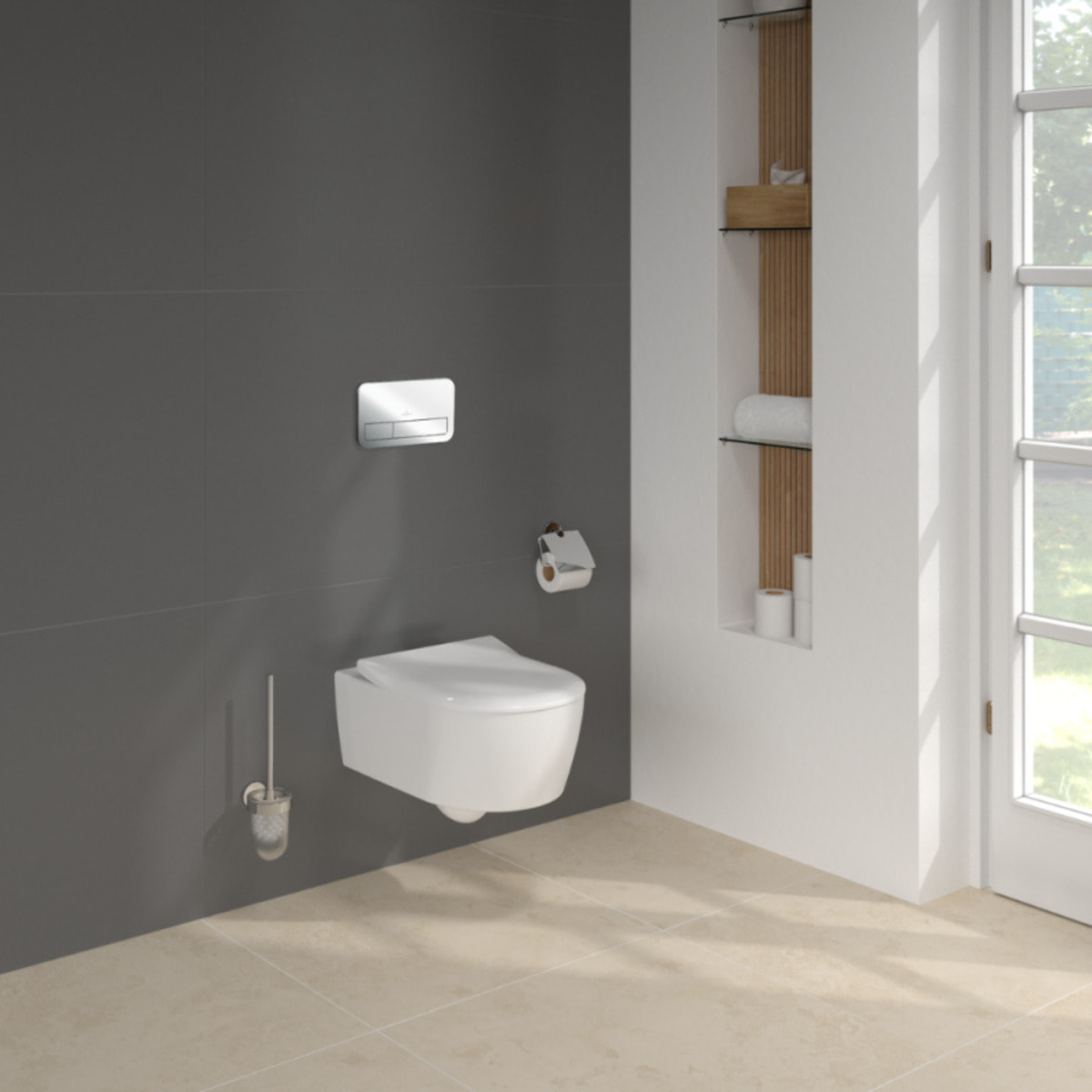 Pack WC suspendu sans bride Avento + abattant + bâti-support sol et mur + plaque chromée mate
