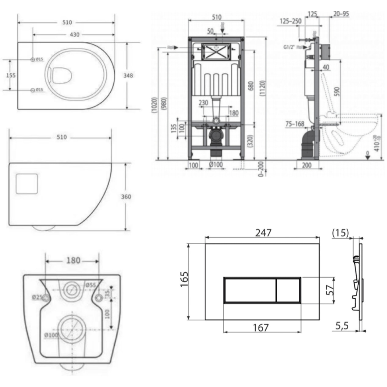 Pack WC Bâti-support Autoportant + WC sans bride SAT  + Abattant SoftClose + Plaque Blanche (SMART-Project-4)