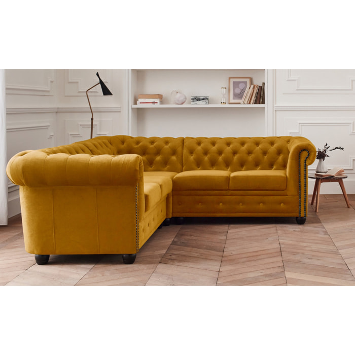 William - canapé Chesterfield d'angle réversible - 5 places - en velours - Jaune