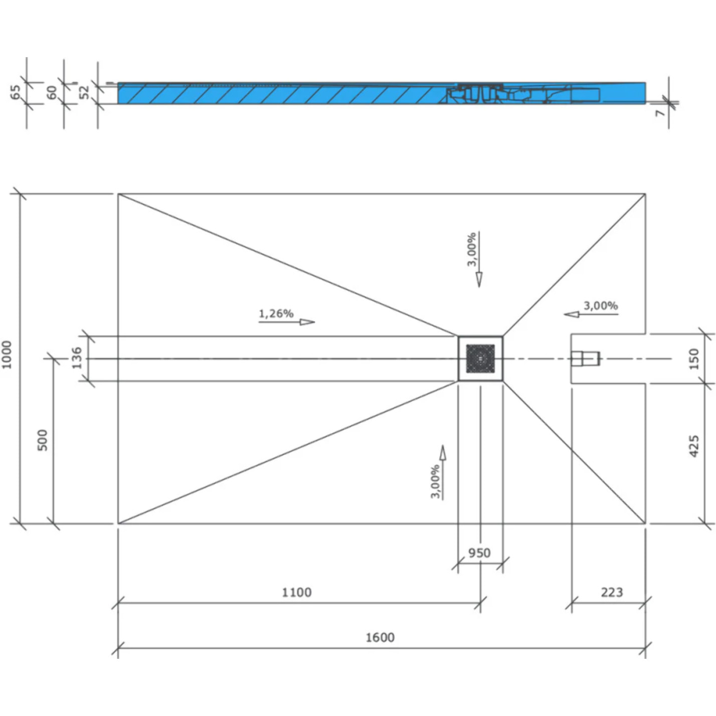 Receveur à carreler 160 x 100 cm WEDI Fundo Plano, bonde intégrée + kit d'étanchéité