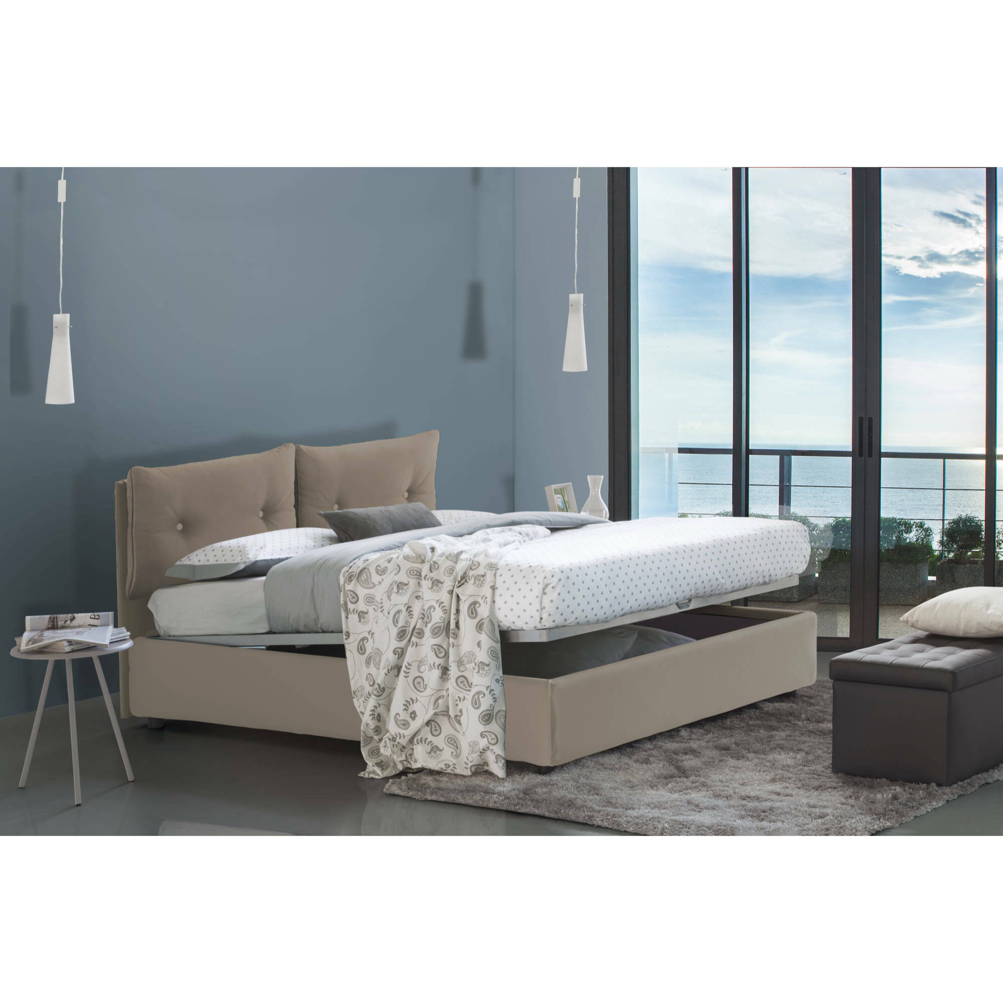 Letto matrimoniale Mercede, Letto contenitore con rivestimento in ecopelle, 100% Made in Italy, Apertura frontale, adatto per materasso Cm 160x190, Tortora