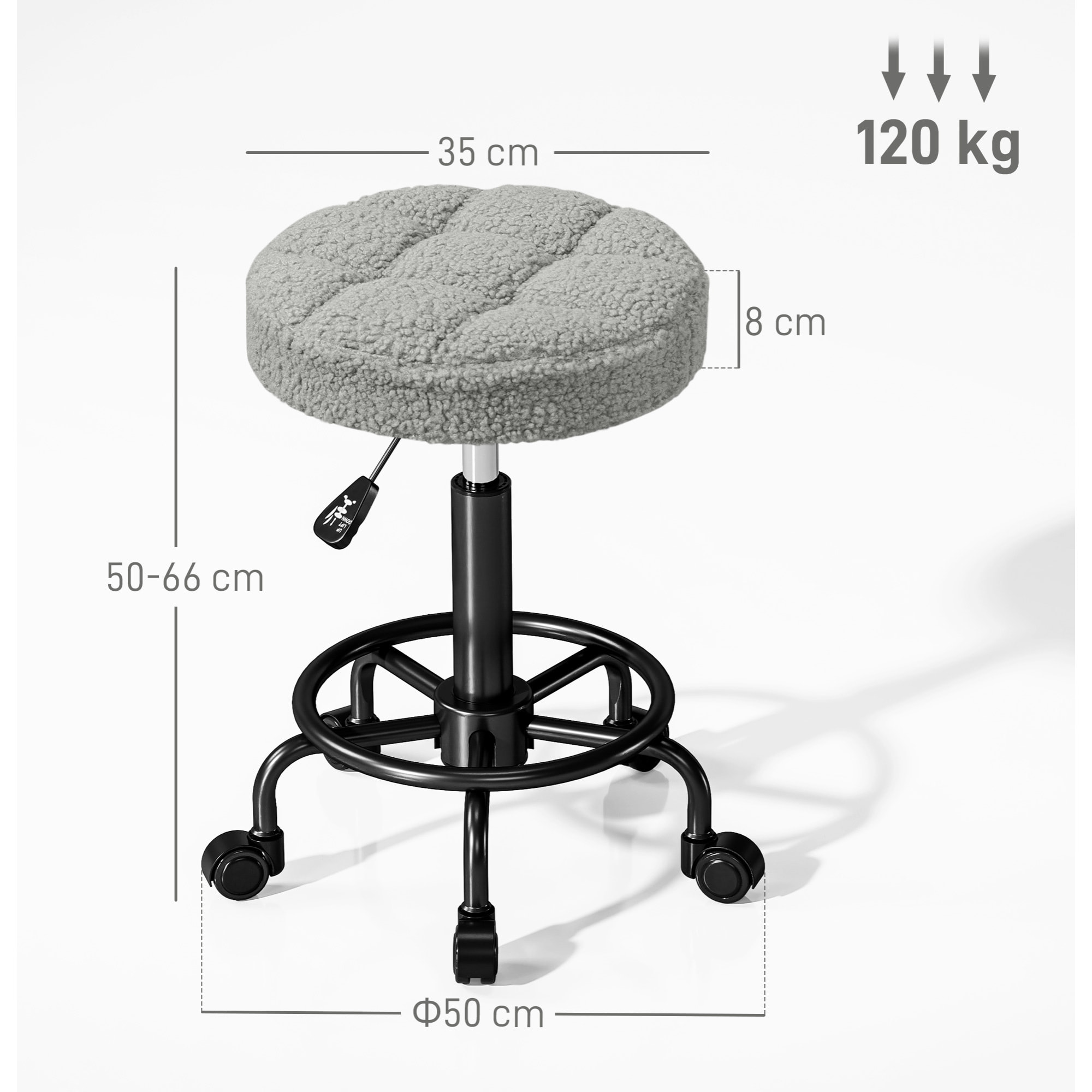 Taburete Giratorio Redondo Taburete con Ruedas Altura Regulable 50-66 cm Asiento Tapizado en Tejido de Borreguito para Salones Talleres Spa Masaje Gris