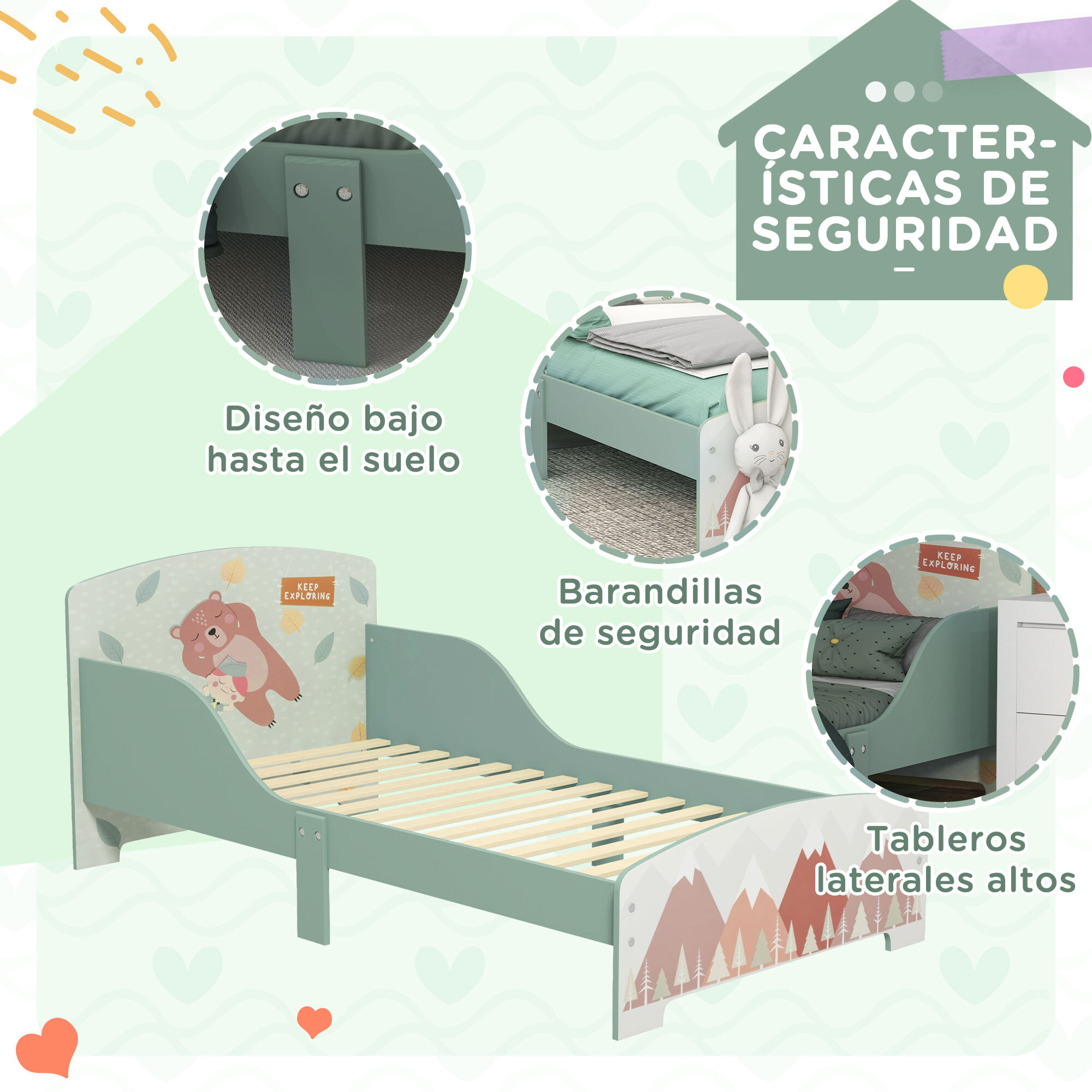 Cama Infantil de Madera 143x77x60 cm Cama para Niños de 3-6 Años con Barreras de Protección y Estampados Carga Máx. 40 kg Mueble de Dormitorio Moderno Verde