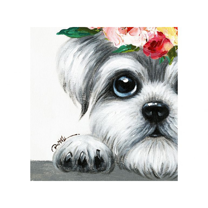 Peinture sur toile cadre décoratif chien couronne fleuri - YORKY